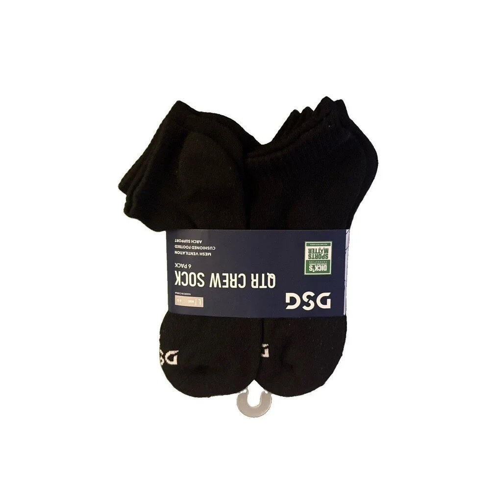 DSG QTR CREW Sock Men Unisex Socks 6 Pairs Pack Men's Shoe Size L 8-10 Black New